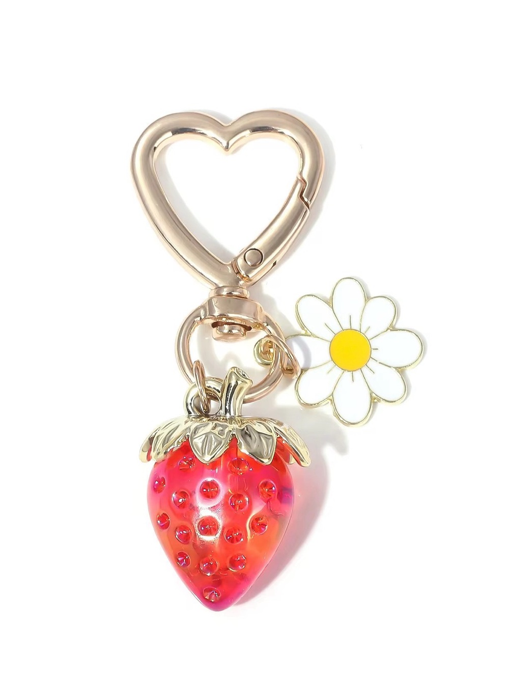 Gold Heart Strawberry Keychain with Red Strawberry and White Daisy Charm
